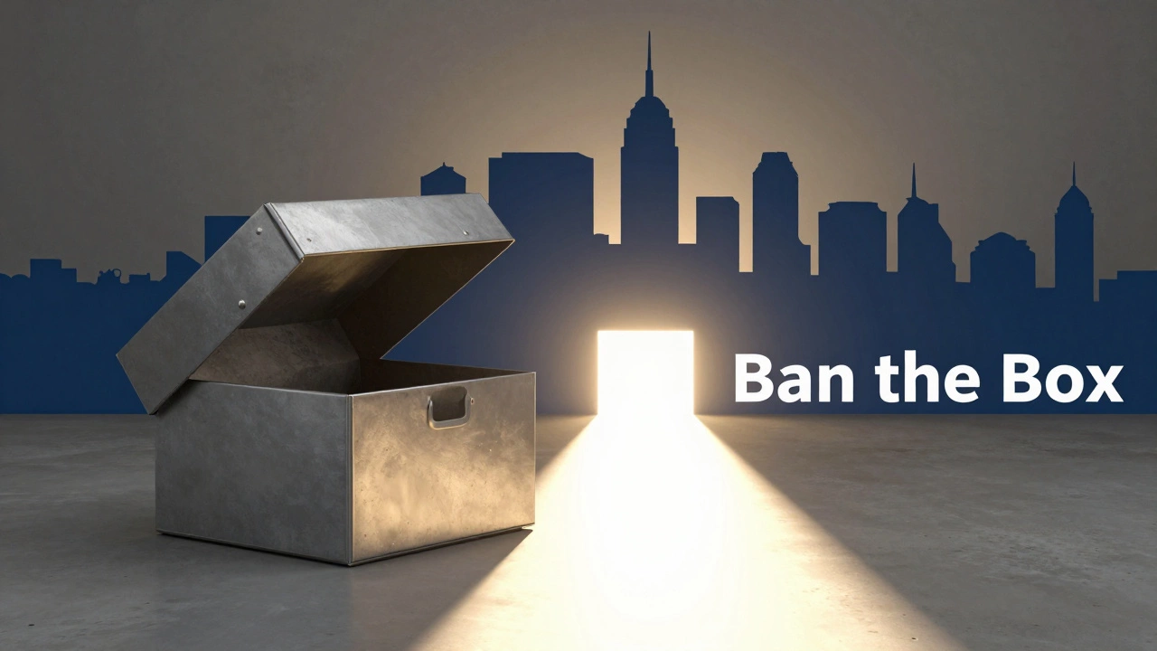 A glowing path leading away from an open grey box toward a city skyline