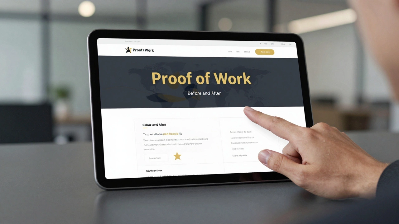 A person presenting a professional design portfolio on a tablet in a corporate setting.