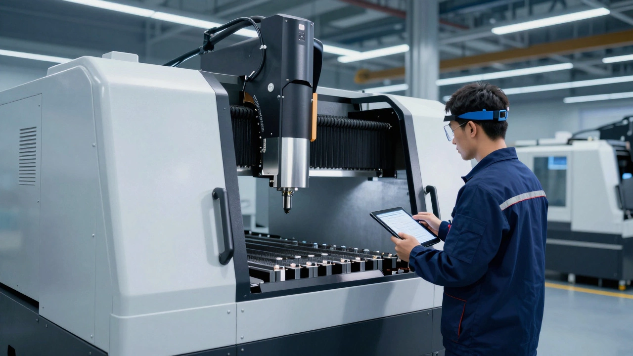 A technician using a digital tablet to operate a high-tech CNC machine in a modern factory.