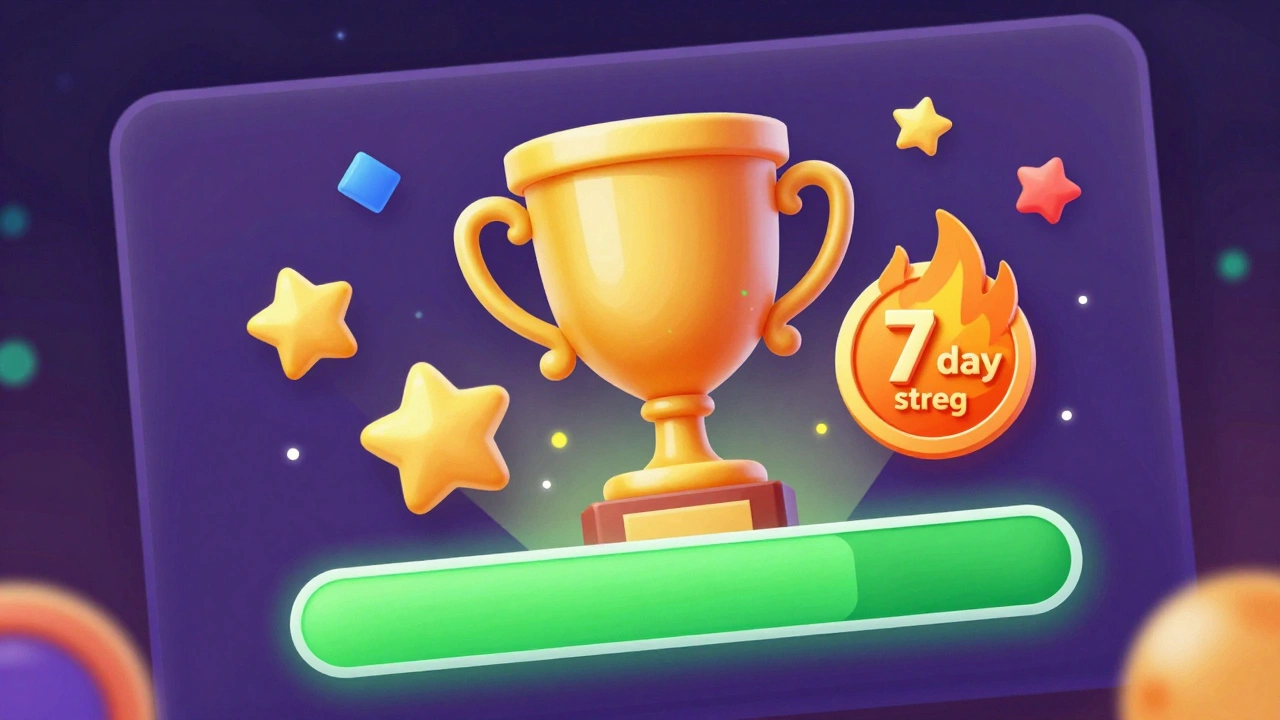 Digital interface showing a gold trophy and a streak badge for educational gamification