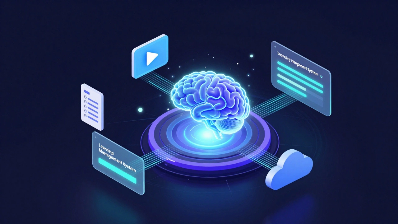 Isometric 3D conceptual view of a digital Learning Management System hub and data flow
