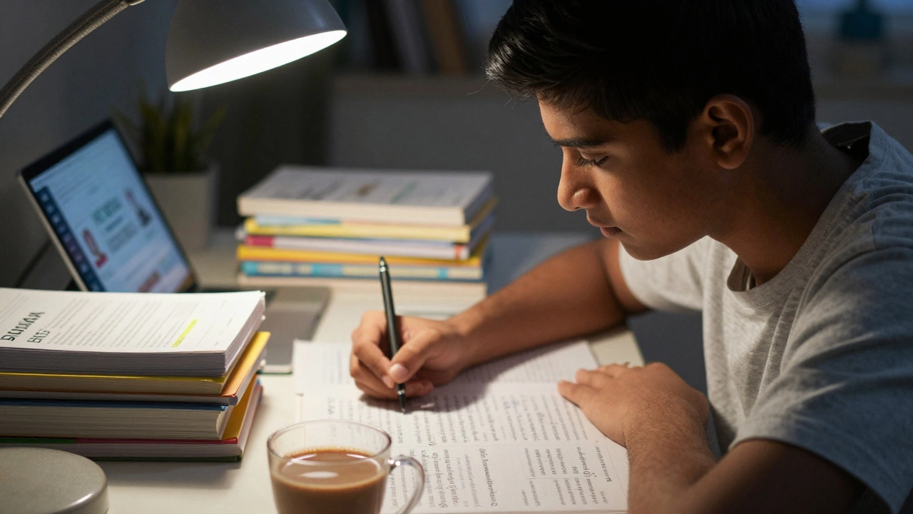 A student studying intensely at a desk with textbooks under a lamp at night