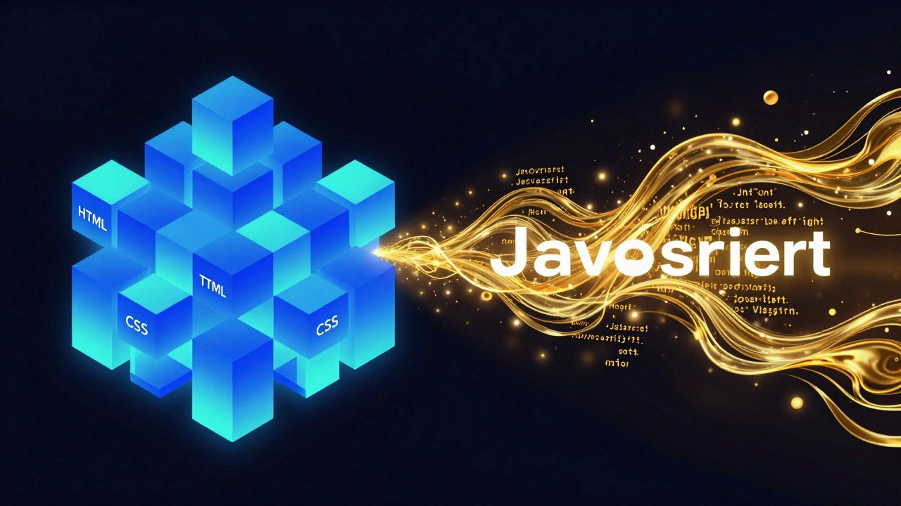 Abstract visualization of HTML structure transforming into dynamic JavaScript.