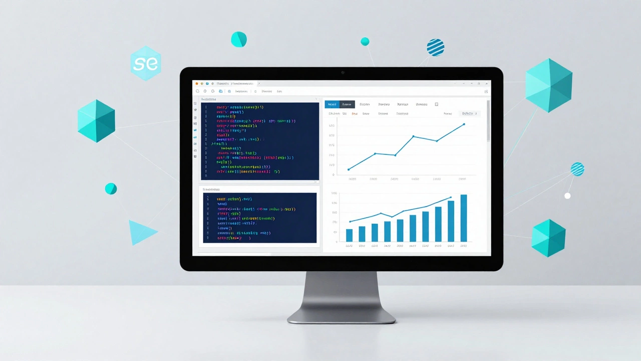 Abstract visualization of SQL code and Excel data turning into clear business charts.
