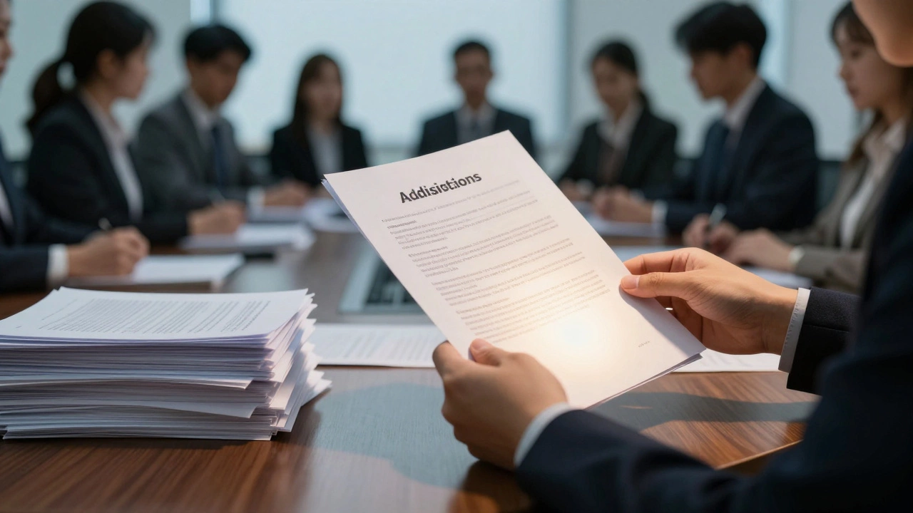 Admissions officer reviewing one glowing application among many