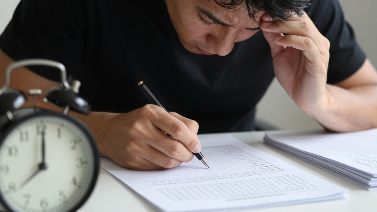 Close up of tired student preparing for a difficult professional exam.