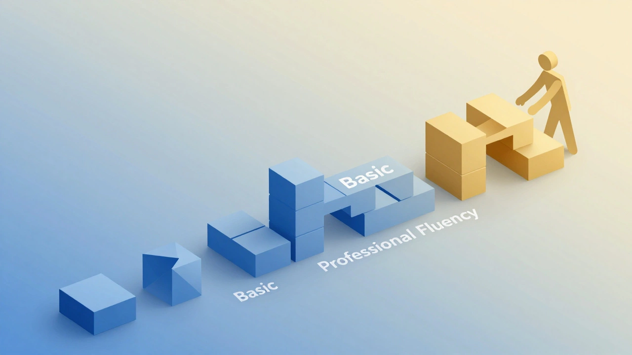 Conceptual art showing language learning as a path of building blocks.