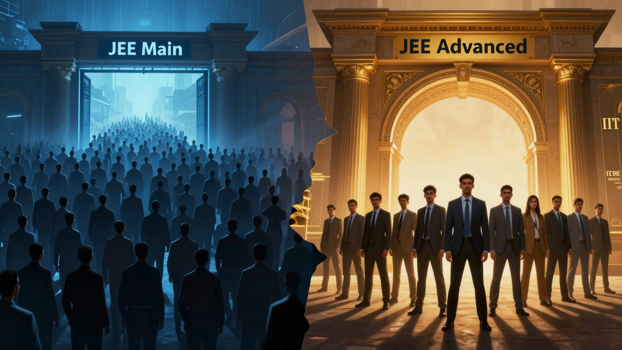 Conceptual art showing the drop-off from JEE Main to JEE Advanced