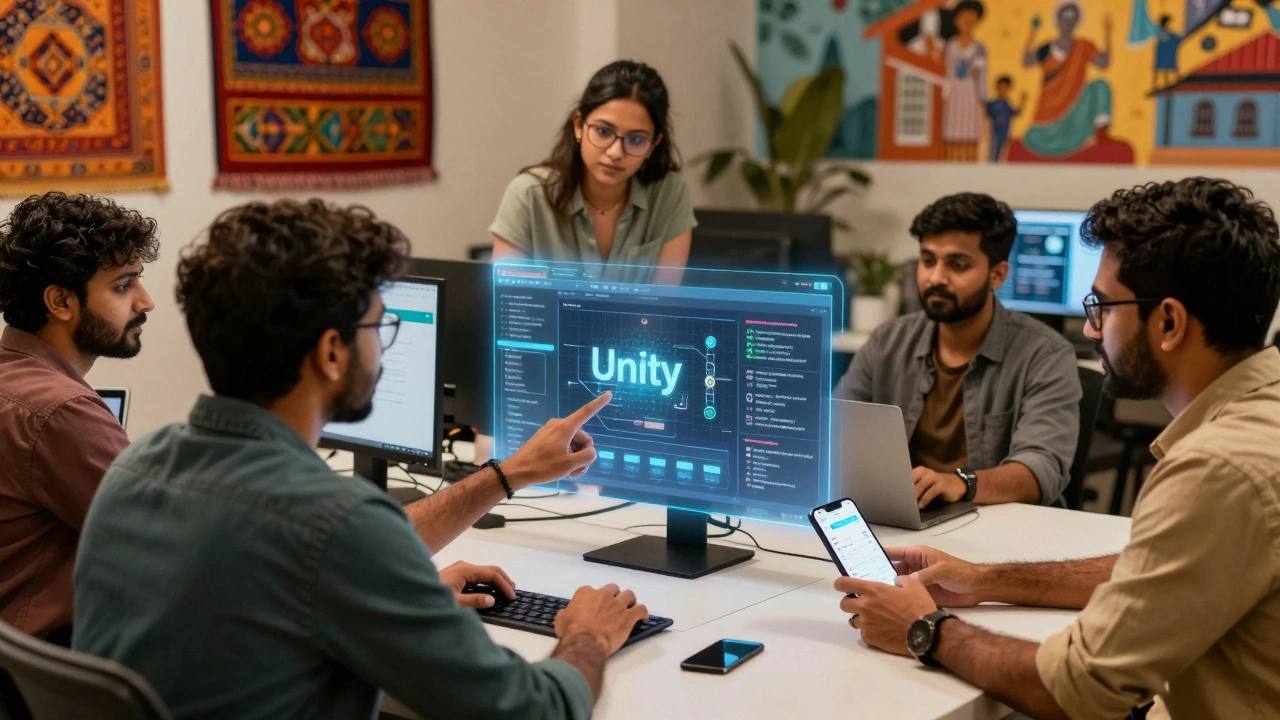 Diverse Indian developers collaborating on projects in a modern workspace.