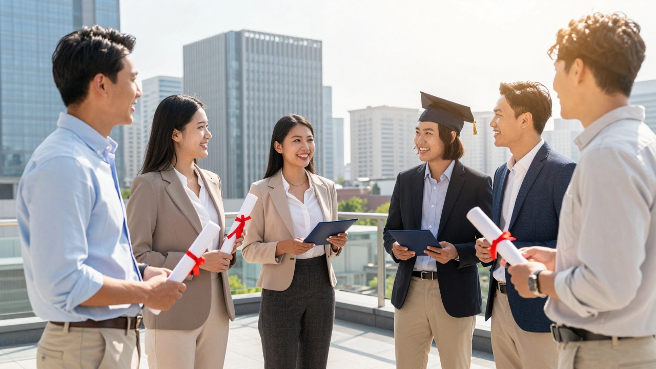 Diverse MBA graduates celebrating on a sunny city rooftop