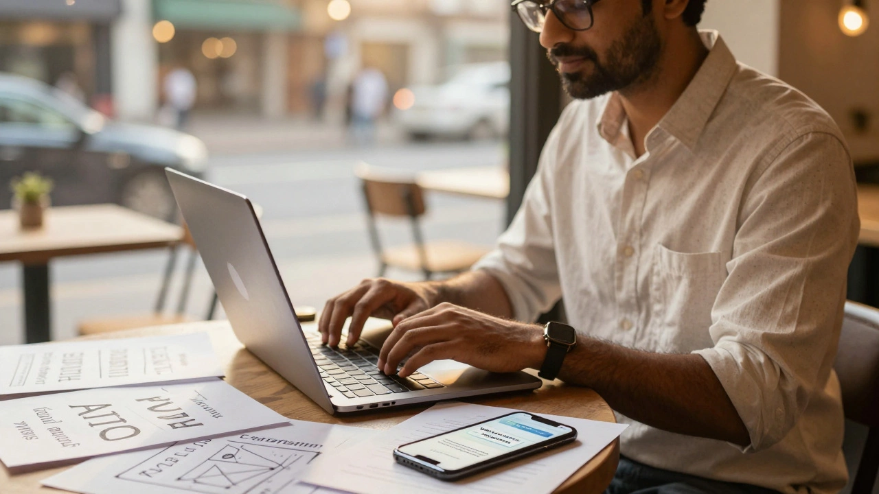 Freelancer drafting copywriting content at a cafe with handwritten notes and phone.