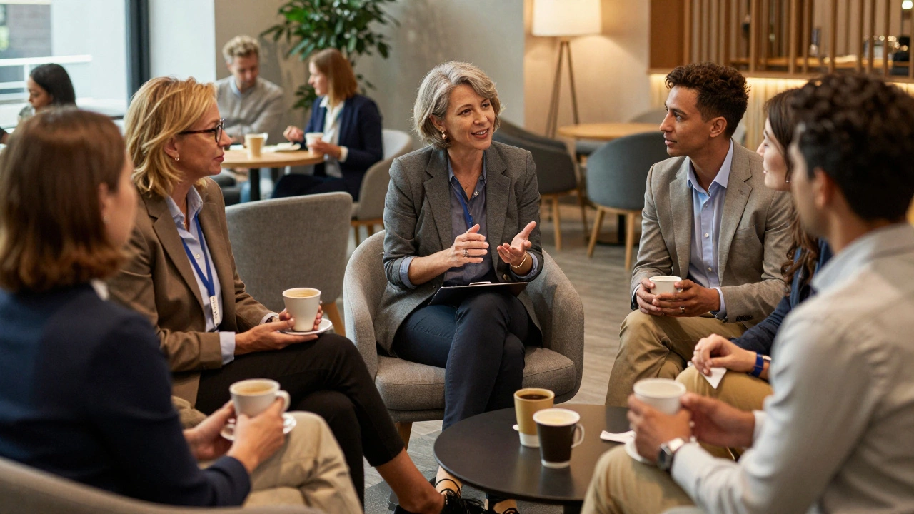 Group of experienced professionals networking and discussing strategies in lounge