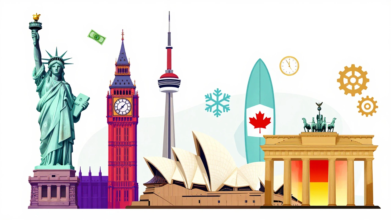 Illustration comparing landmarks of top five study abroad countries