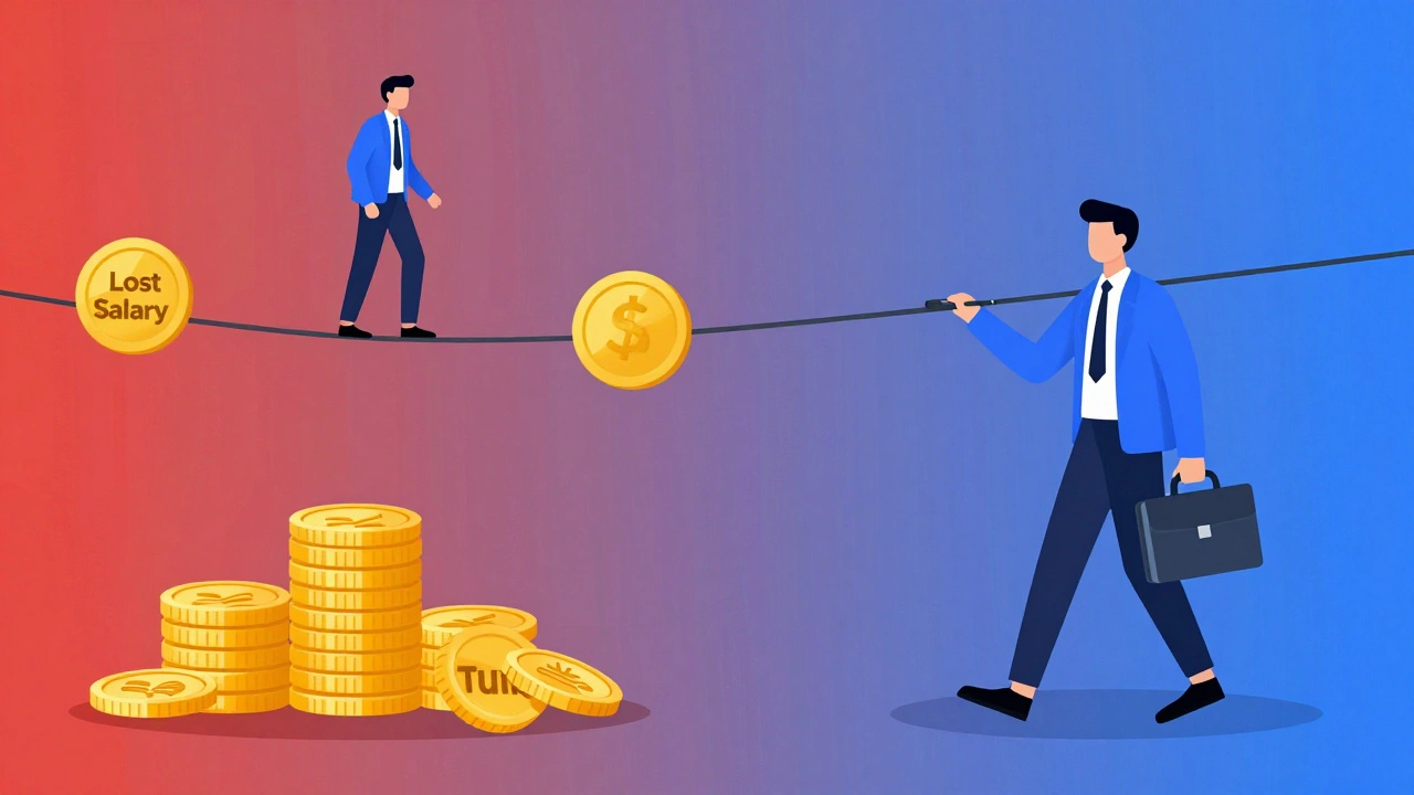 Illustration contrasting risky full-time MBA costs with stable executive MBA path