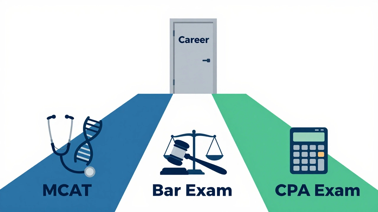 Illustration of career paths for medicine, law, and accounting leading to a gate.