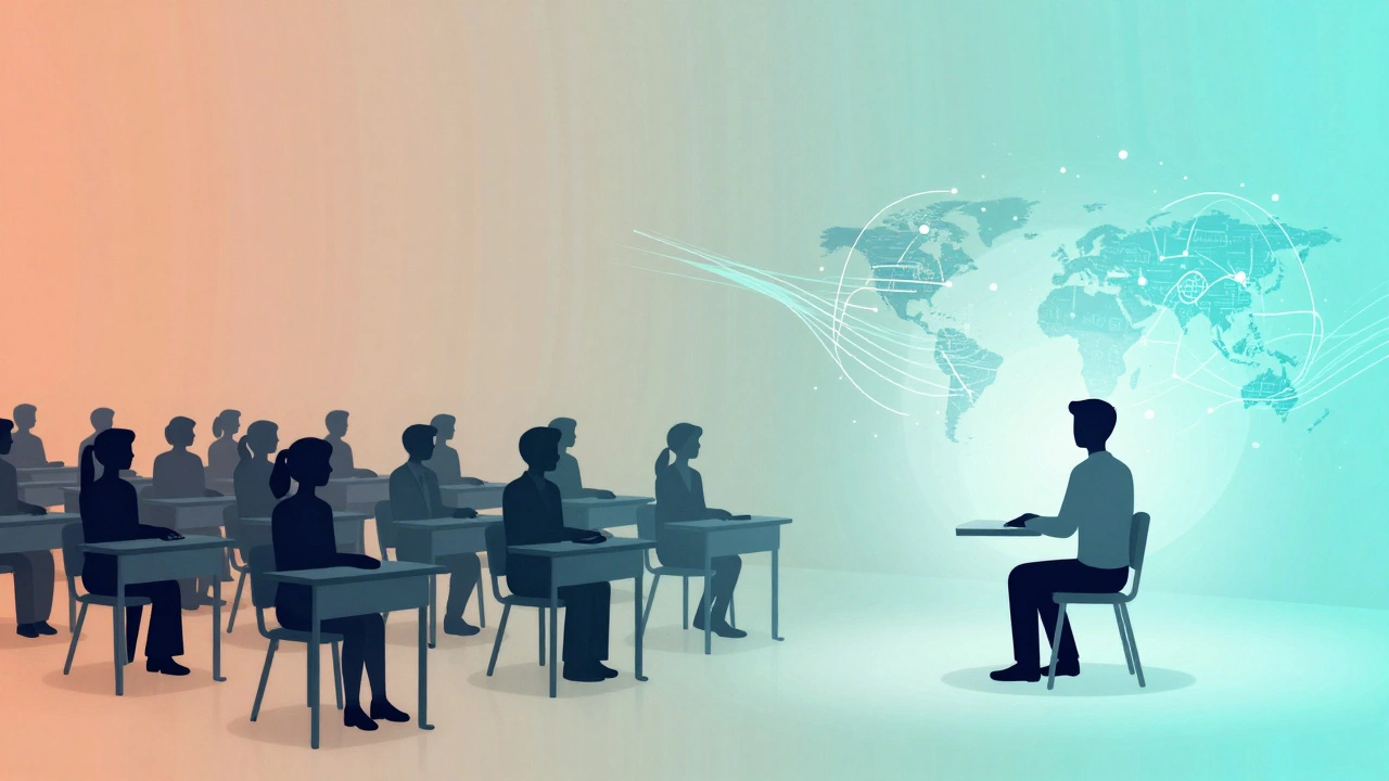 Illustration showing the balance between physical classrooms and online learning