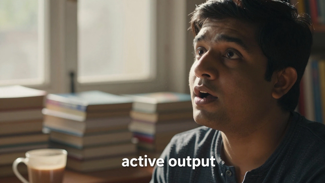 Learner practicing English pronunciation with focus in a home library.