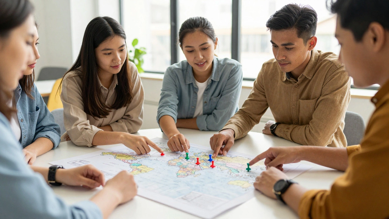Students discussing study destinations around a map in a cafe