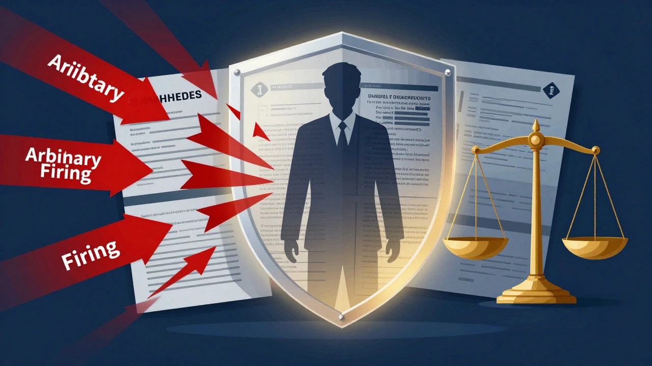 Abstract concept of legal due process shielding a government worker from arbitrary dismissal.
