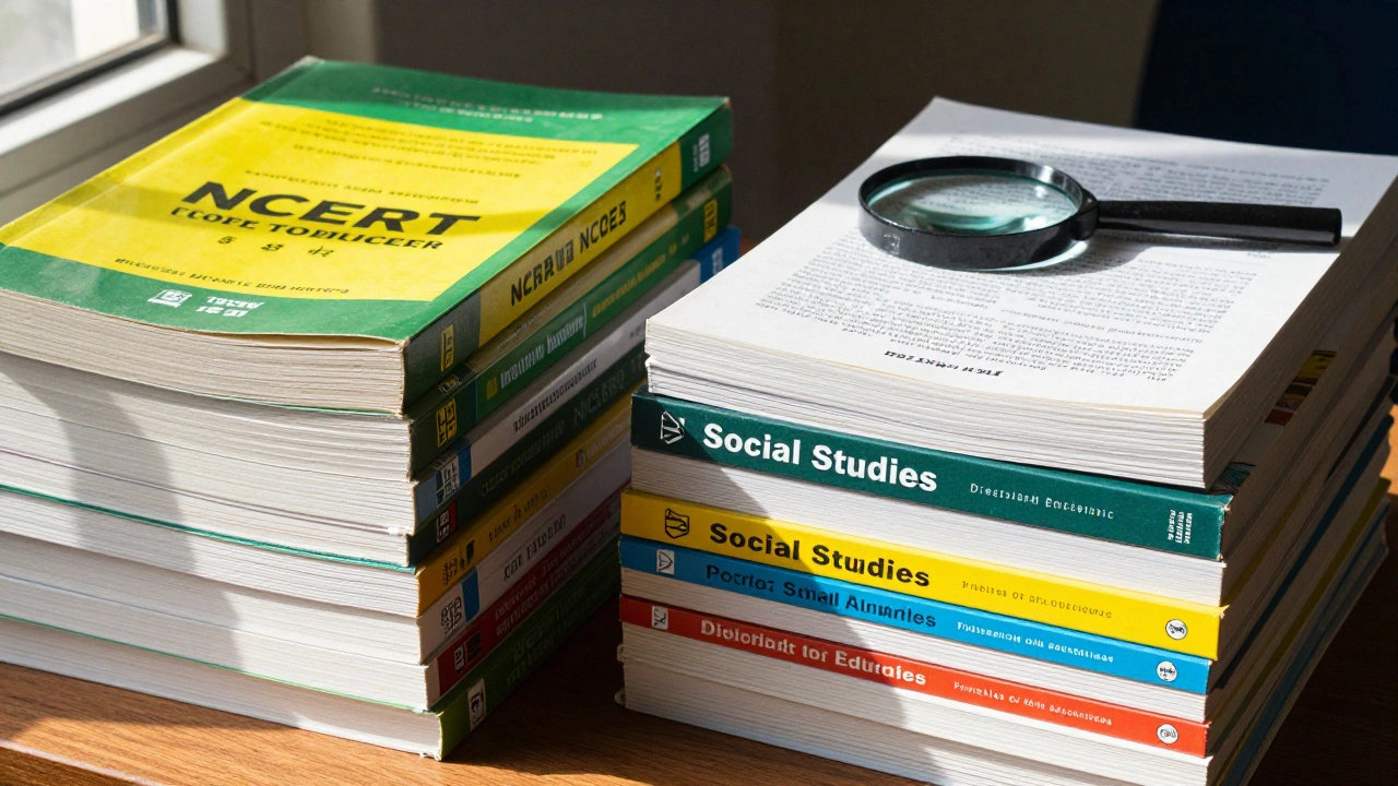 Comparison of NCERT and Delhi State Board textbooks on a study desk