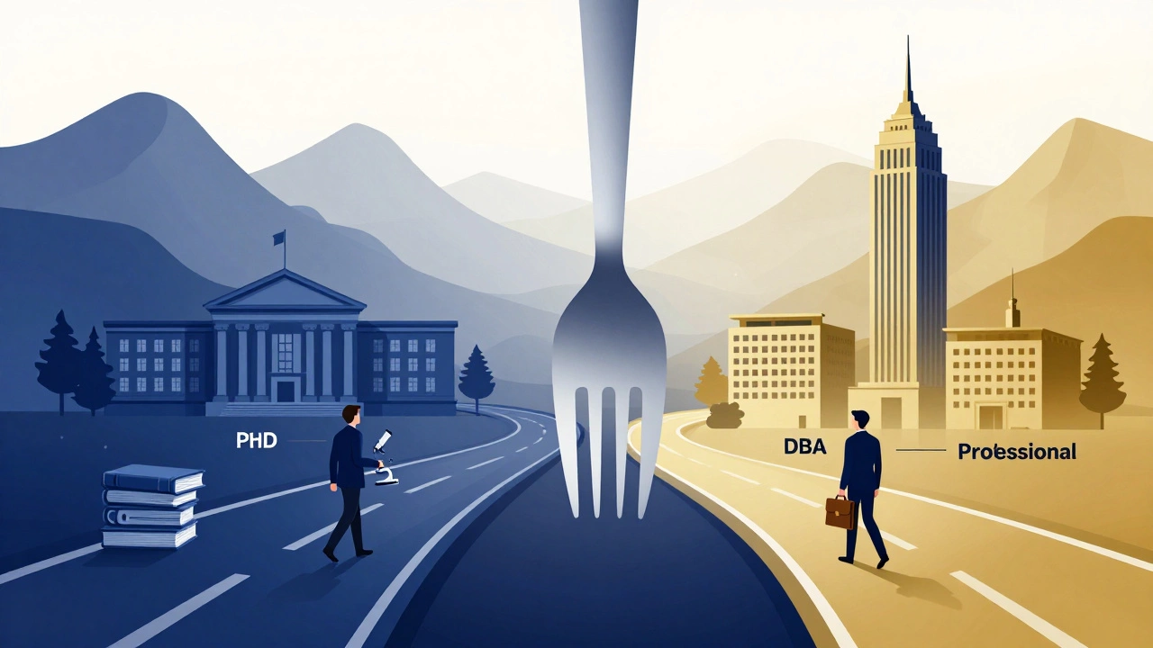 Conceptual illustration of a fork in the road choosing between PhD academia and DBA executive paths.