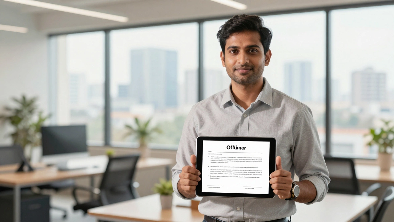 Confident freelancer reviewing a service contract in a sunny office
