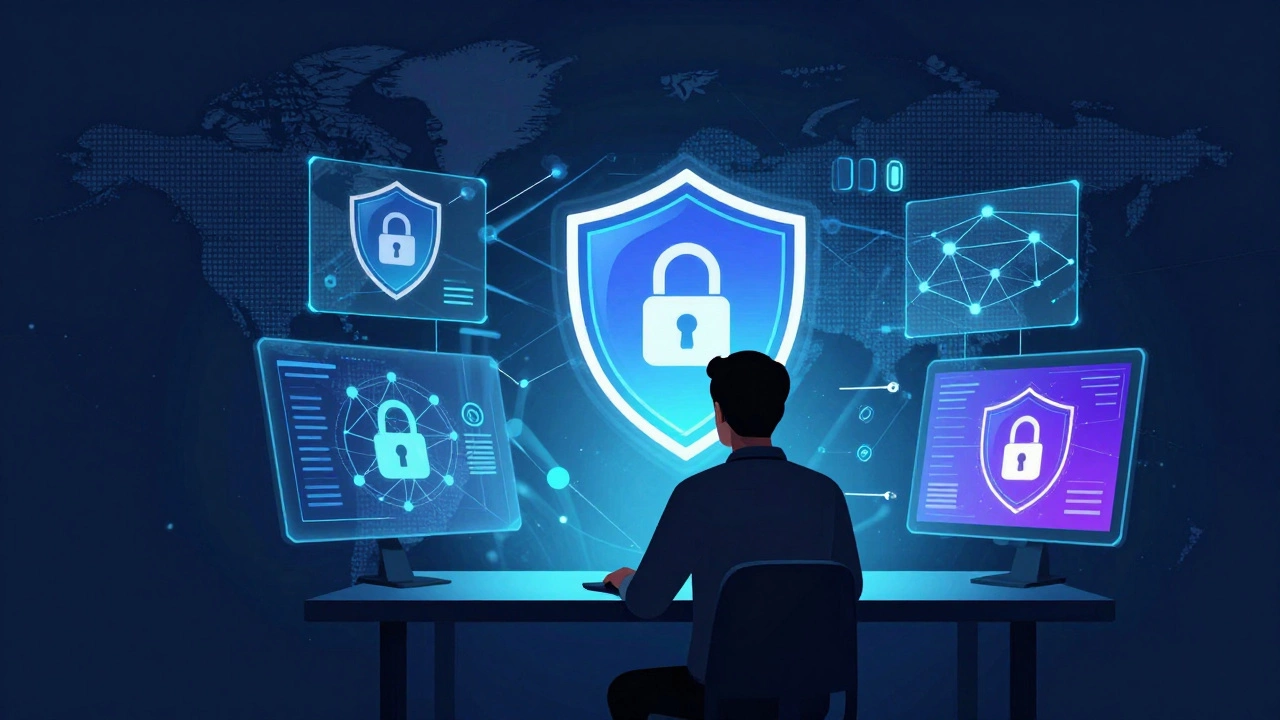 Cybersecurity analyst monitoring holographic shields and networks