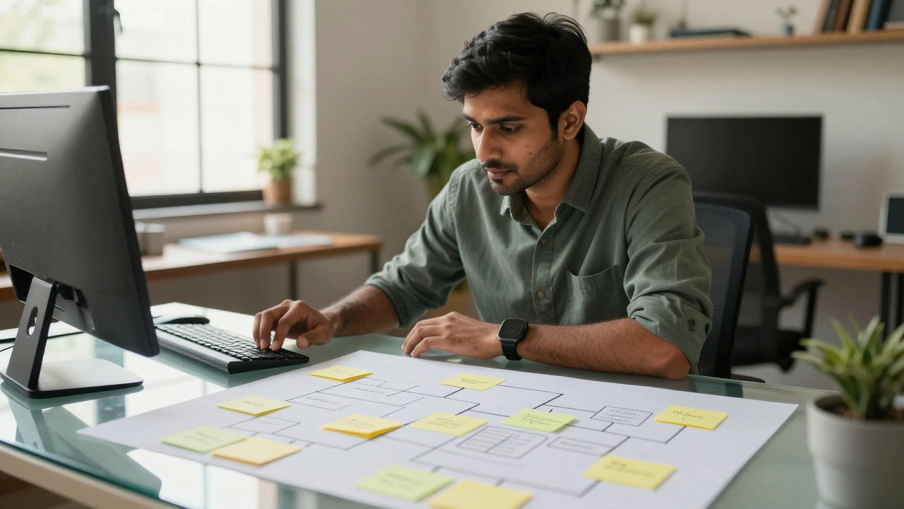 Developer analyzing flowcharts for logical problem solving