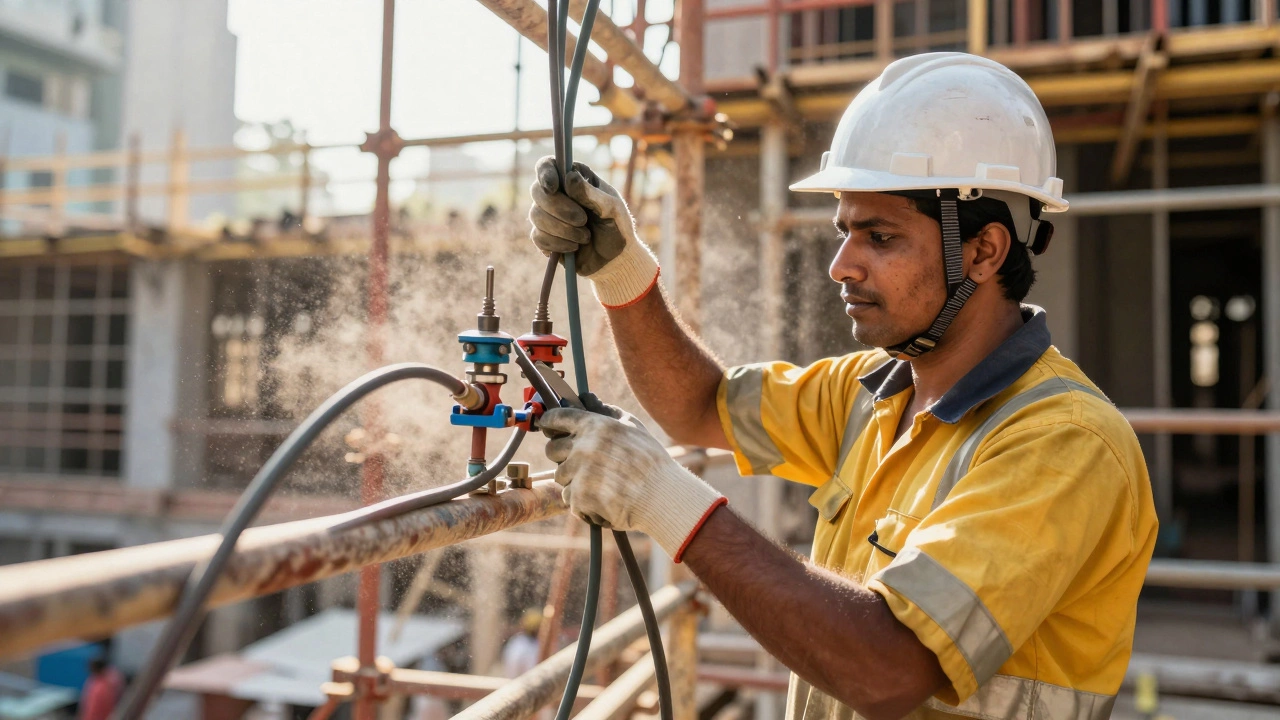 Electrician working on industrial wiring in a construction site