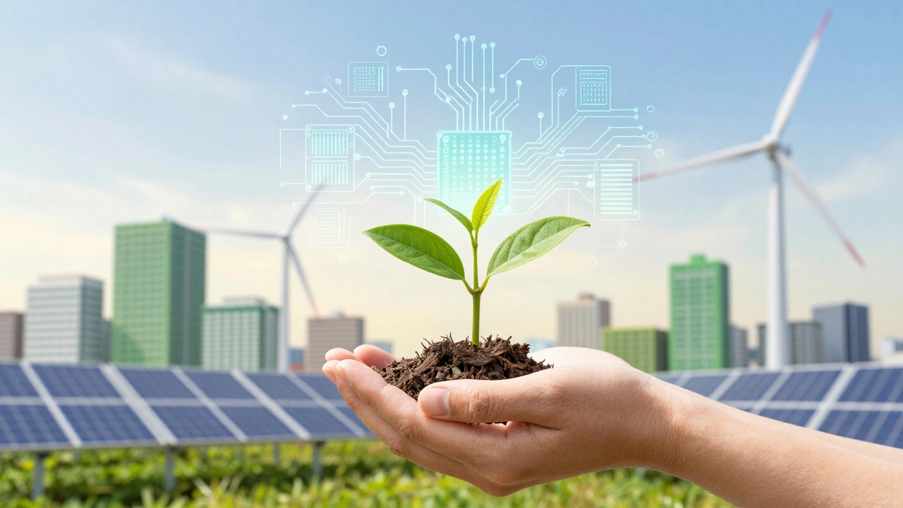 Hands holding sapling transforming into green tech circuits