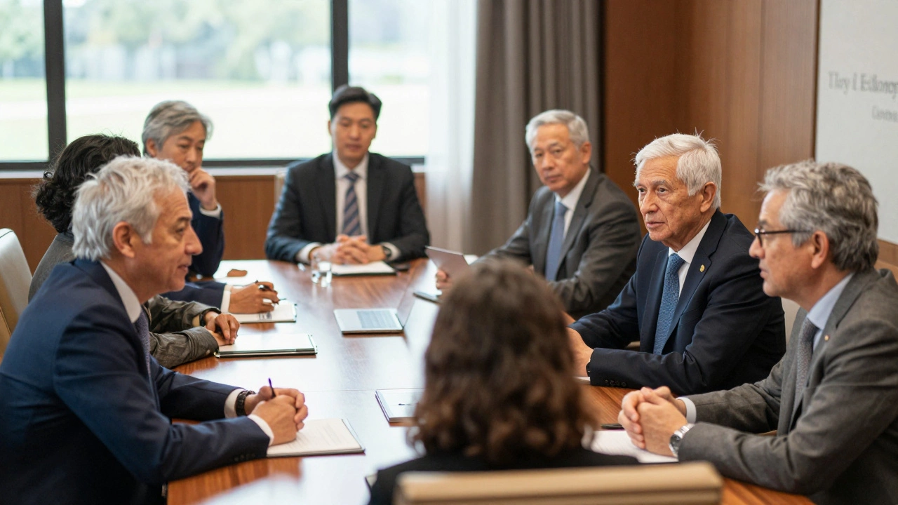 Senior executives networking in a prestigious seminar room, representing advanced leadership programs.