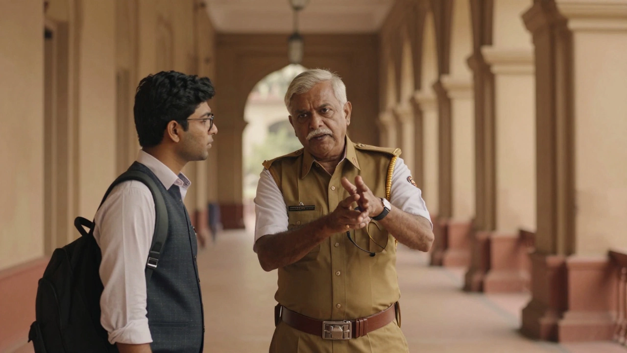 Senior mentor guiding a junior employee in a historic Indian government building corridor.