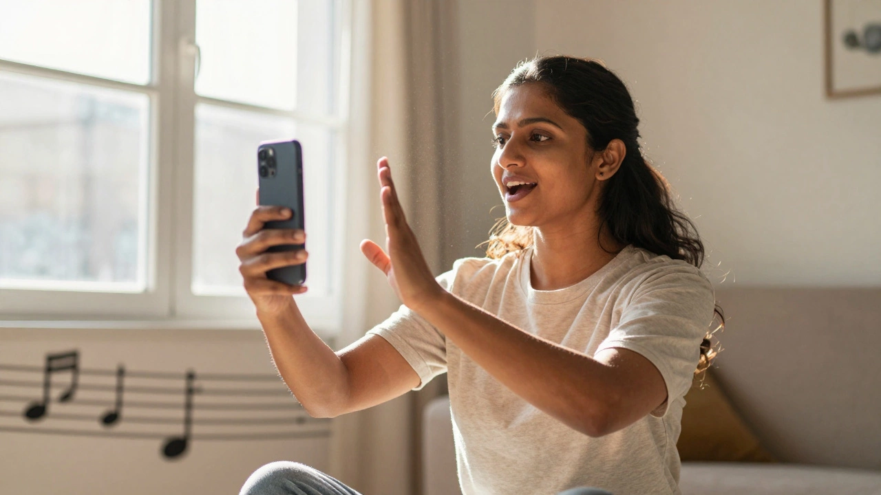 Woman practicing shadowing technique for English fluency