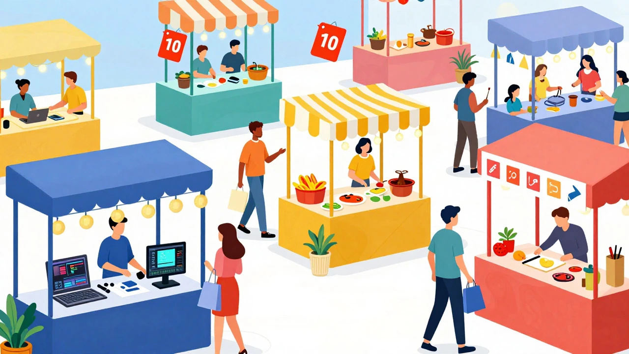 Bustling digital market with varied stalls, symbolizing course marketplaces
