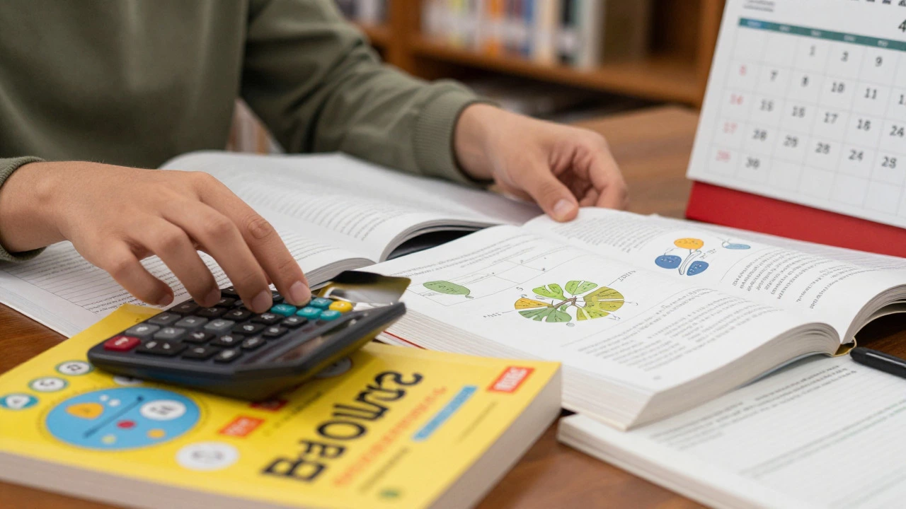 Close up of hands organizing study materials like calculators and textbooks.
