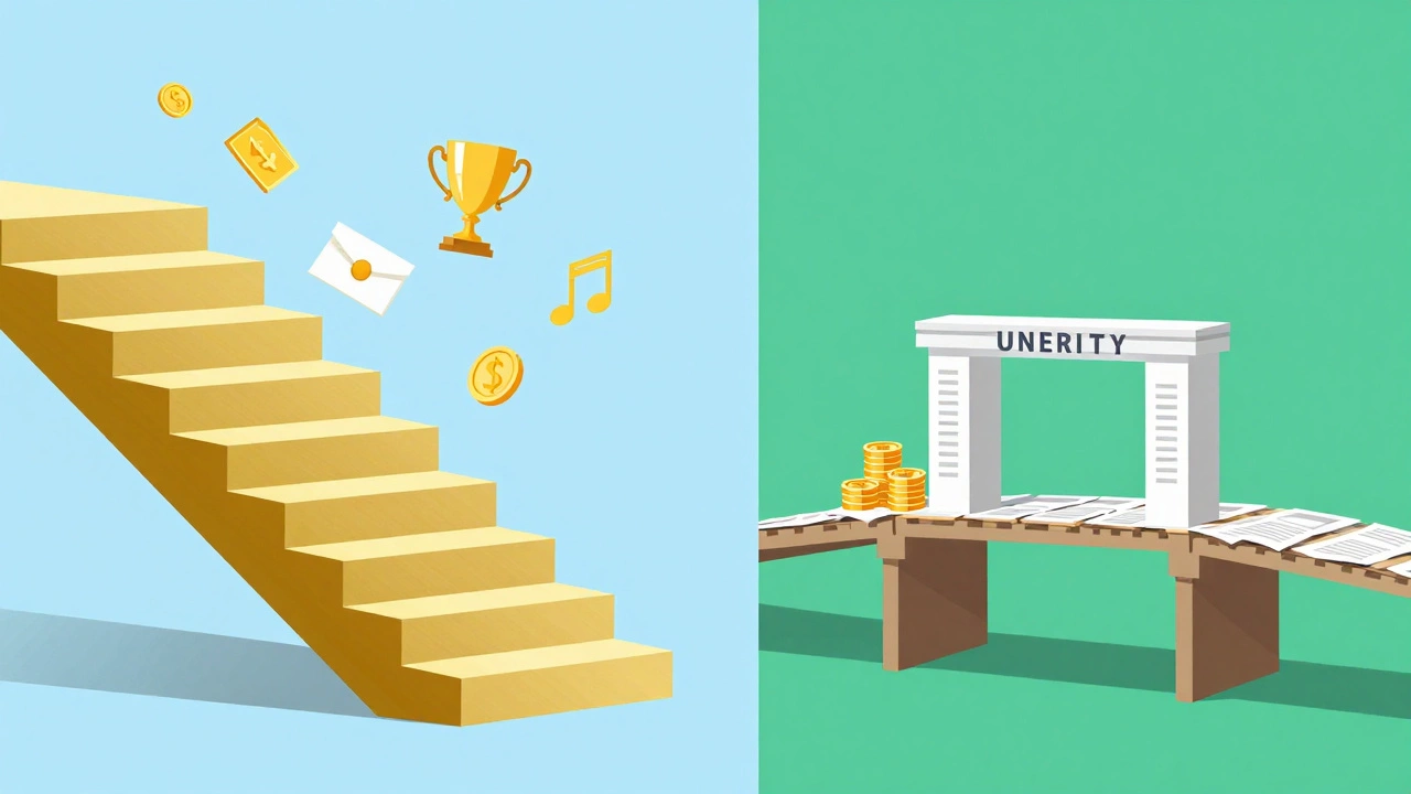 Conceptual art contrasting merit awards with financial aid bridges