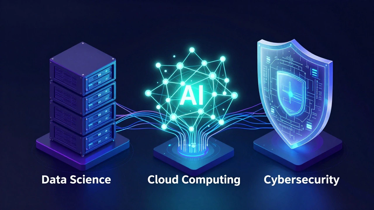 Digital art concept showing data science, cloud computing, and cybersecurity elements