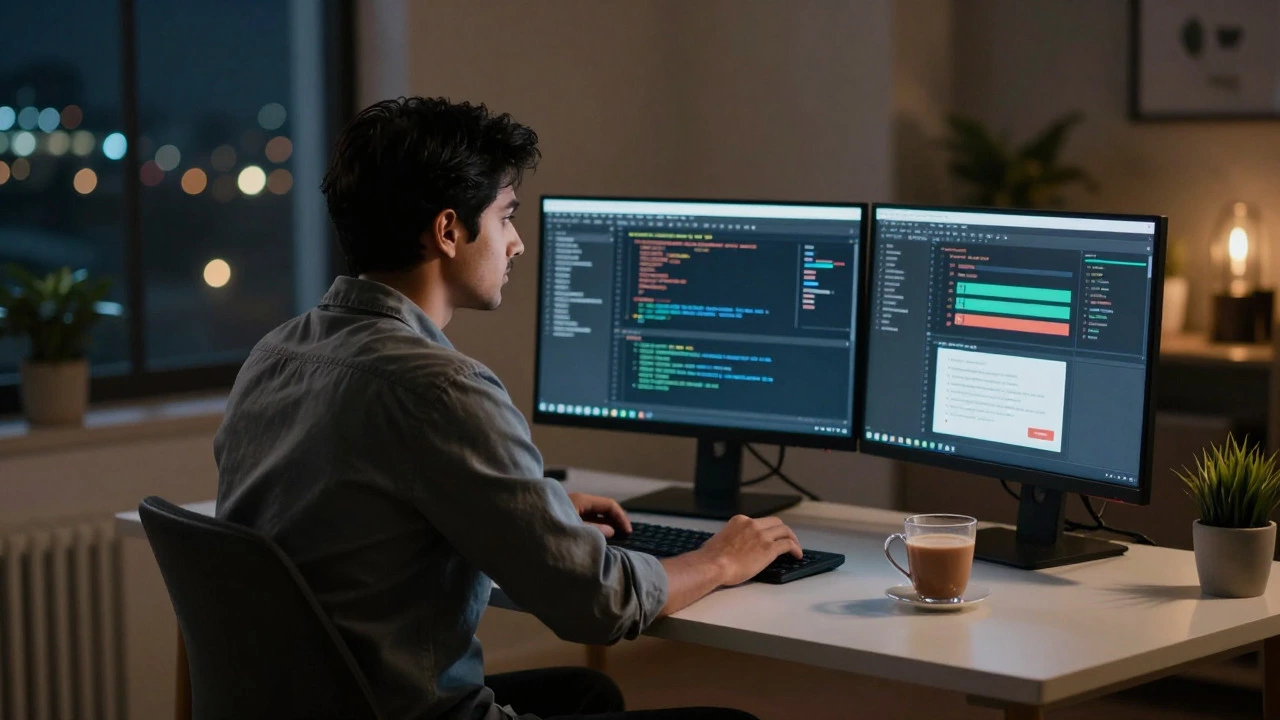 Focused student studying coding and certifications at a home desk at night