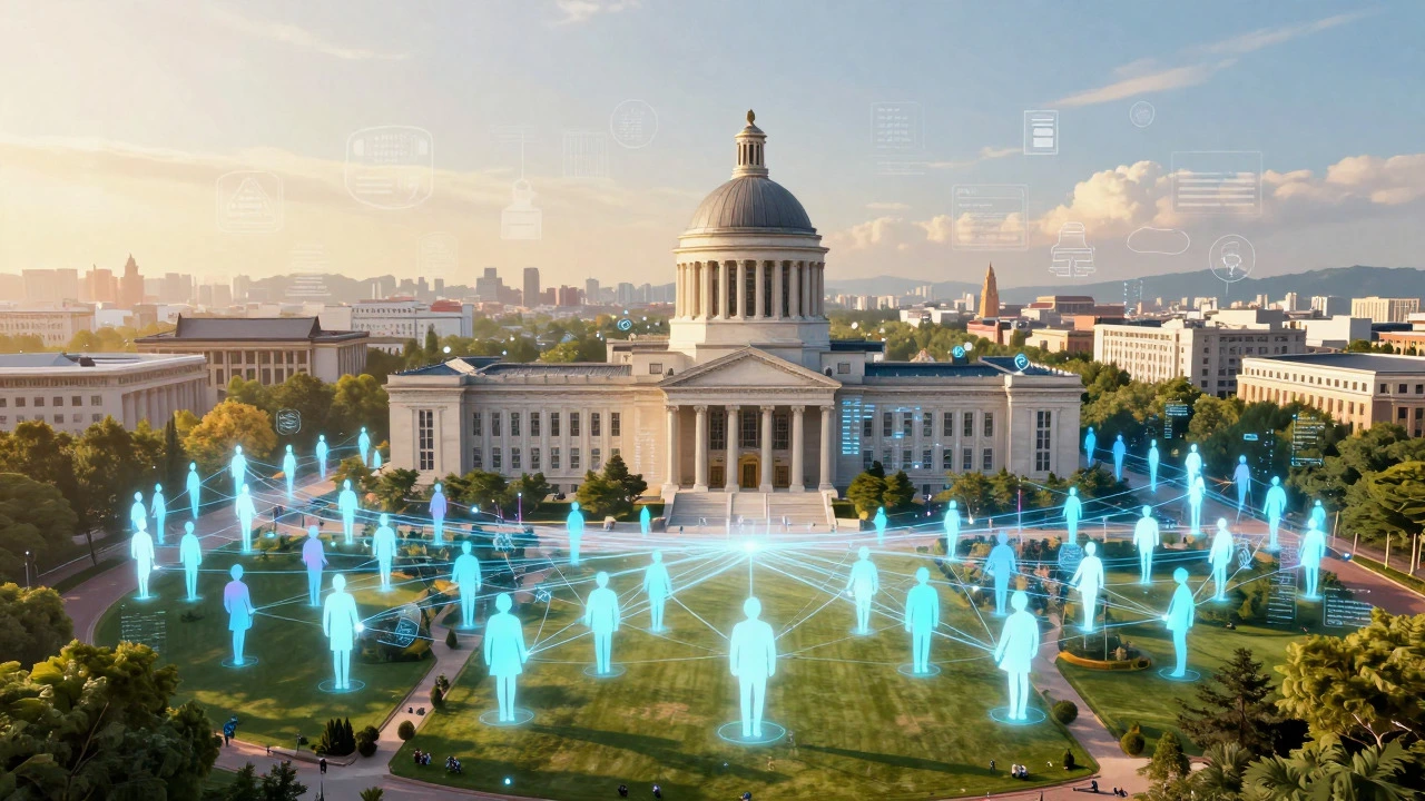 Grand open university with global student network, symbolizing MOOCs
