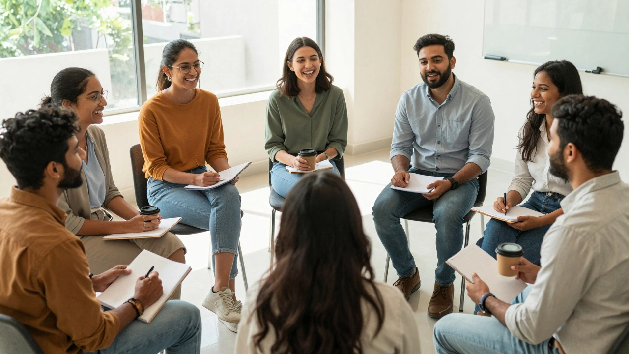 Group of friends laughing during a language exchange session