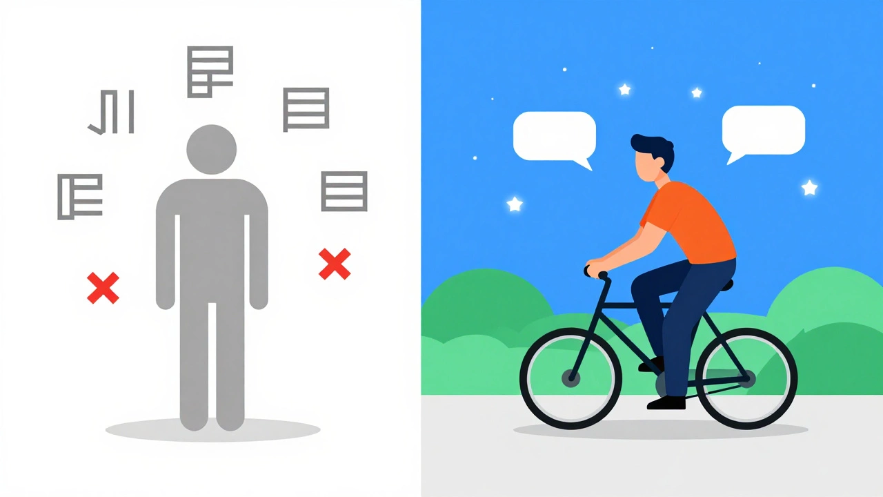 Illustration contrasting rigid grammar study with fluent speech flow