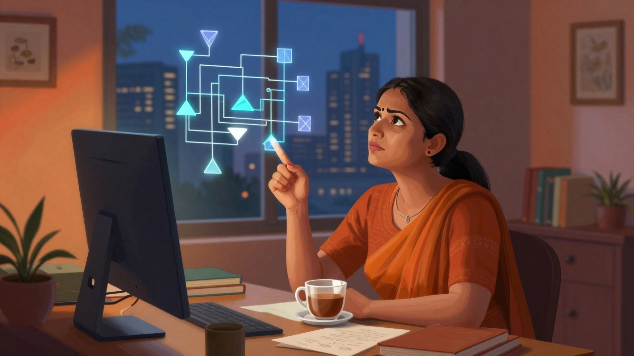 Woman in her 30s studying coding at home with abstract data visuals