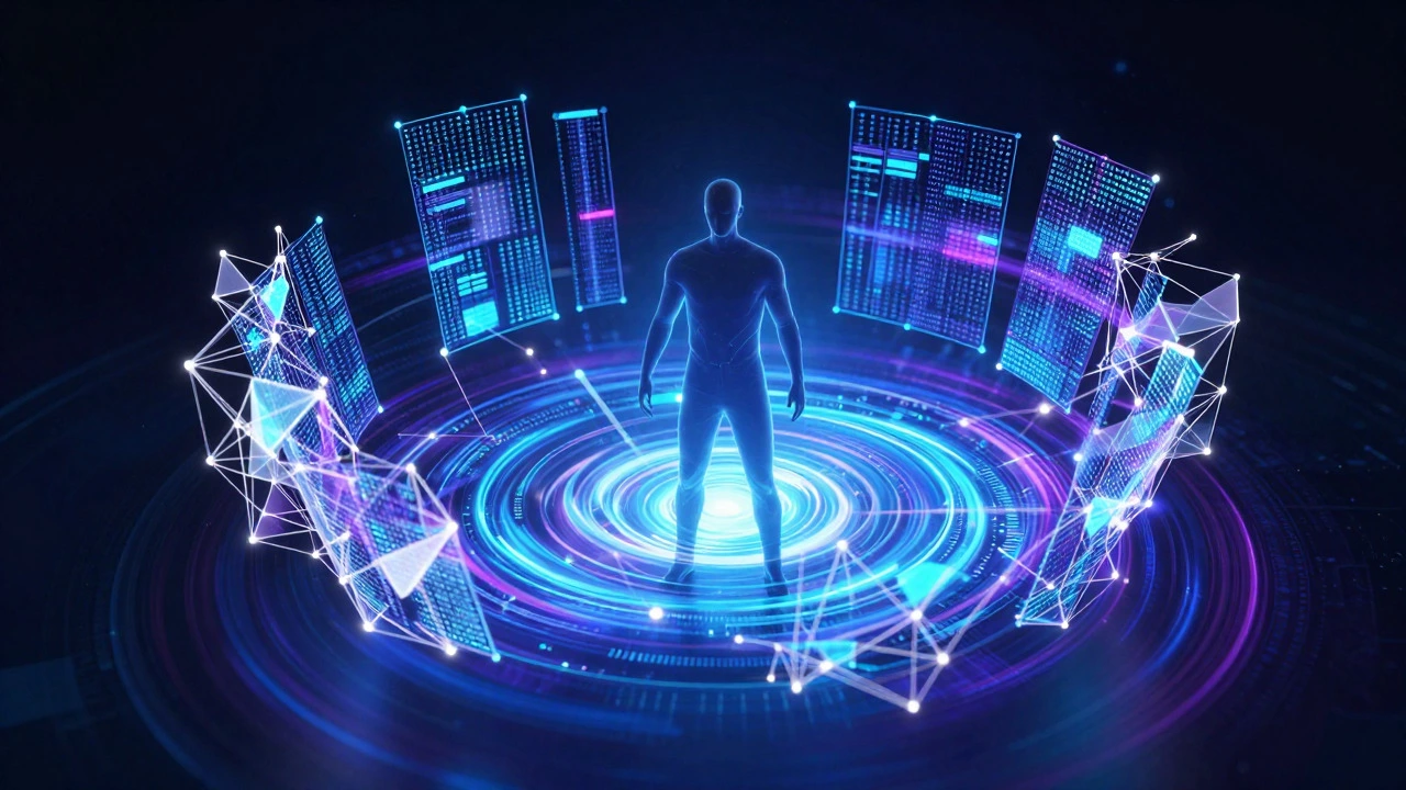 Abstract digital art showing a person controlling glowing data streams and AI networks