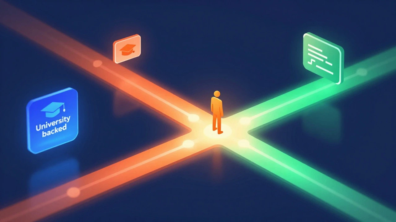 Abstract illustration of a person choosing between different colored learning paths