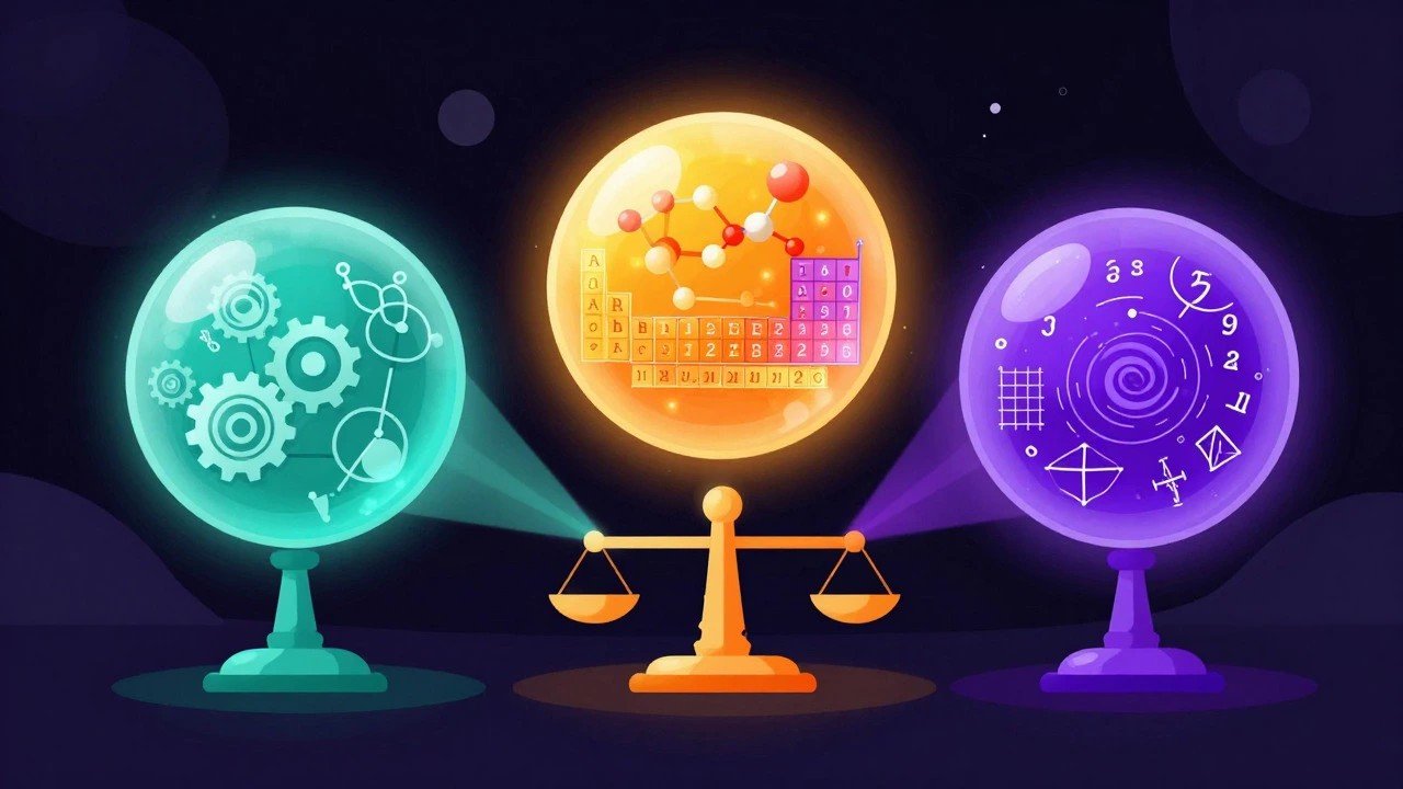 Abstract visualization of Physics, Chemistry, and Math subjects