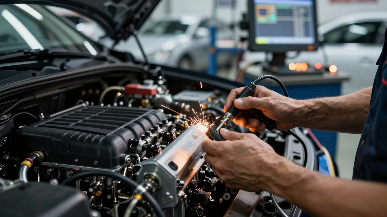 Close-up of a technician's hands performing precise automotive repairs