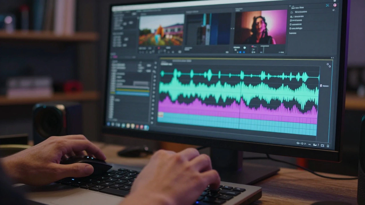 Close-up of hands editing video clips on a computer screen in a dark studio