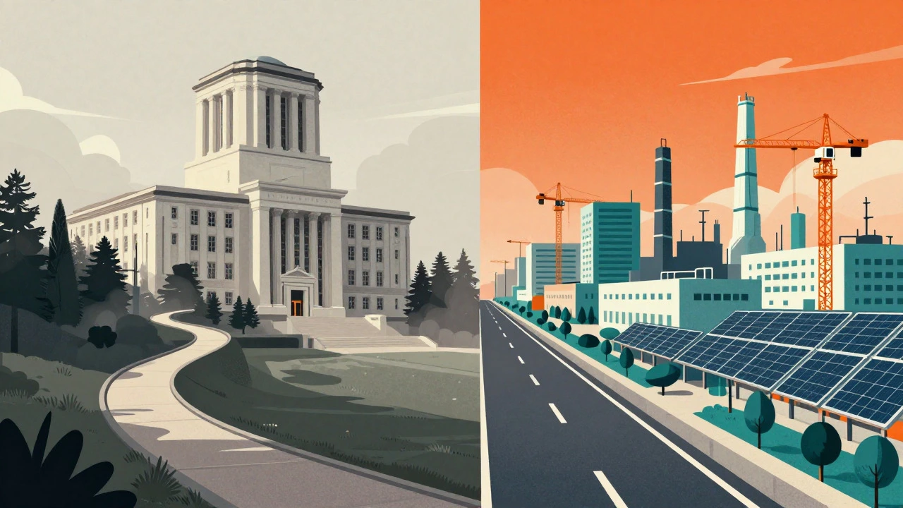 Conceptual art contrasting academic university paths with direct vocational trade routes