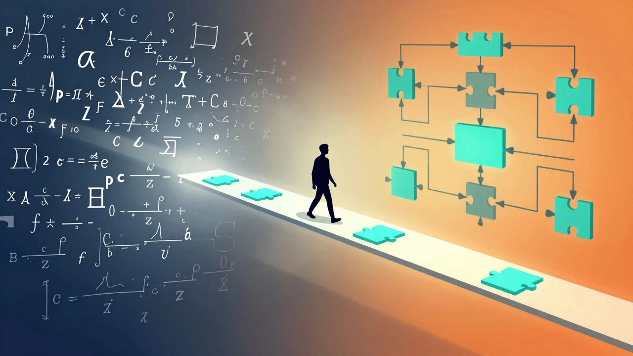 Conceptual art showing the transition from complex math to logical coding paths
