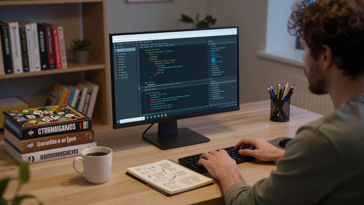 Developer working calmly with logic diagrams and no complex math notes